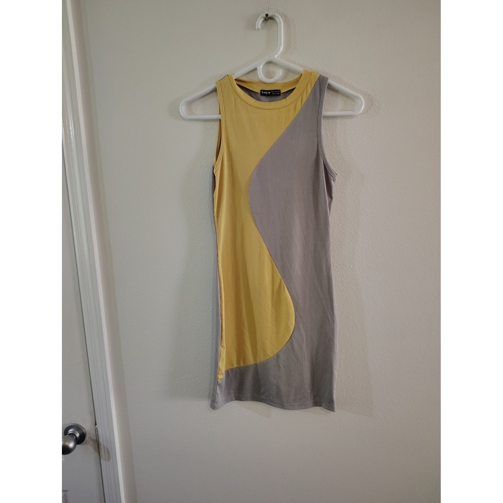 SHEIN Womens Ribbed Knit Color Block Wavy Mini Dress Yellow Grey Size M US 6